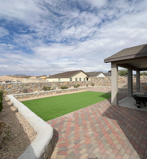 Detailed paver hardscape with patterned stonework