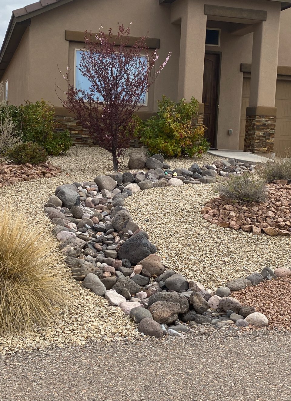 Trees, shrubs, and perennials installed in a desert-adapted bed by Brainard's Greenscapes in Las Cruces