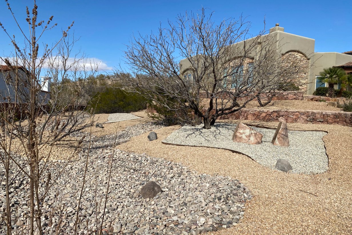 Modern desert landscape on a custom home along US-70